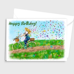 Illustration colorée à l'aquarelle Carte de voeux de joyeux anniversaire - Faire du vélo avec un panier de fleurs sur un vélo turquoise - par Emily Hocking Art