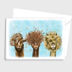 Tarjeta de felicitación humorística de acuarela Alpaca / Llama con peinados divertidos- Las tres Alpacas con estilo - por Emily Hocking Art