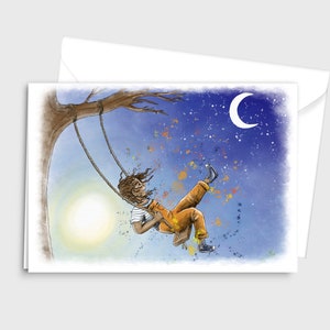 Illustration aquarelle A6 Carte de vœux d’une fille s’amusant sur une balançoire- Jeune fille donnant un coup de pied aux étoiles- par Emily Hocking Art