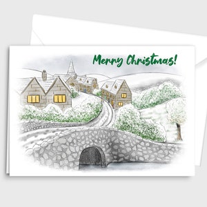 Feliz Navidad / Tarjeta de felicitación de feliz Navidad, Ilustración en acuarela de un 'Winter Village' - por Emily Hocking Art