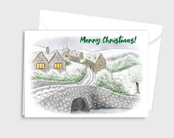 Joyeux Noël / Joyeux Noël Carte de vœux, illustration aquarelle d'un « Village d'hiver » - par Emily Hocking Art