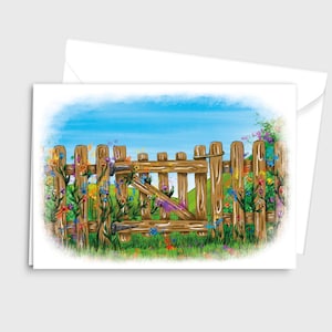 Illustration colorée à l'aquarelle Carte de vœux cadeau - Porte de jardin avec fleurs de printemps/été/automne - par Emily Hocking Art