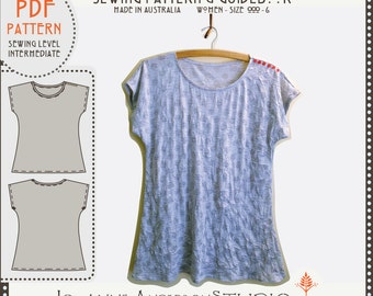Eliza Tshirt, Womens PDF sewing pattern & guidebook - Size 000 - 6.  Instant Download. Bust measurement 101cm (39 3/4 ") to 141cm (55 1/2")