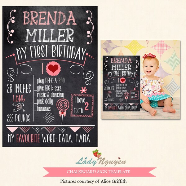 INSTANT DOWNLOAD - 6x9 First Birthday Chalk Board Printable Sign Prop - Photoshop Template - CB1