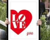 Printable Art Typography Poster "Love You" Instant Digital Download Red Love Heart Art Printable Quote Romantic Home Decor Wall Art