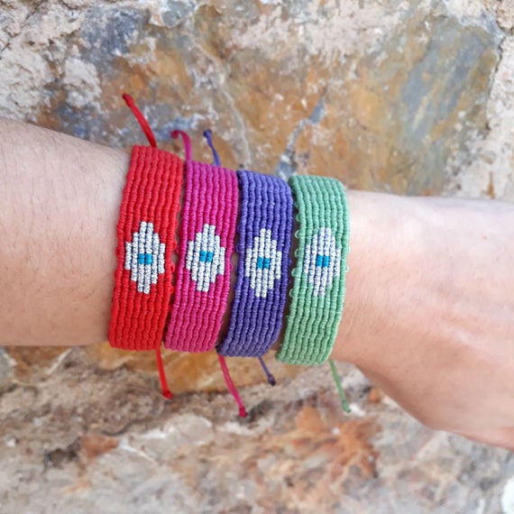 Statement Beaded Bracelet Bohemian Bracelet Black Bracelet Xmas Gift for her Gold Evil Eye Bracelet Micro Macrame Bracelet