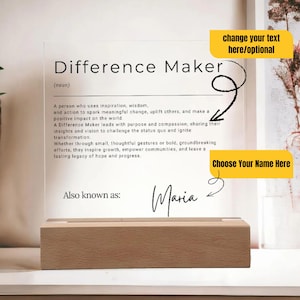Personalized LED Night Light – Custom Name Difference Maker Gift – Wooden Acrylic Desk Light