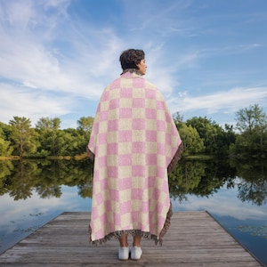 Checkered Woven Blanket, Pink and Beige Woven Cotton Throw Blanket, Retro Style Aesthetic Tapestry Cover Woven Cotton