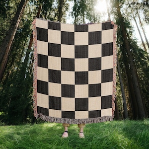 Checkered Woven Blanket, Black and Beige Woven Cotton Throw Blanket, Retro Style Aesthetic Tapestry Cover Woven Cotton