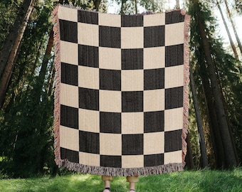 Checkered Woven Blanket, Black and Beige Woven Cotton Throw Blanket, Retro Style Aesthetic Tapestry Cover Woven Cotton