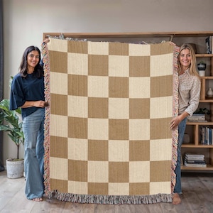 Checkered Woven Blanket, Cream and White Woven Cotton Throw Blanket, Retro Style Aesthetic Tapestry Cover