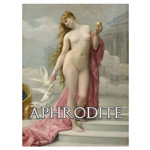 May include: A classical painting of Aphrodite, the Greek goddess of love and beauty. She is depicted nude, holding a golden apple, with long flowing hair and a pink drape. White doves are in the background.