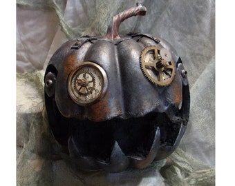 Steampunk Pumpkin Dark Aged Metallic Black Foam Rust Gears Lock Key Rivets Hand Painted Creepy Halloween Spooky Scary Jack o'Lantern OOAK