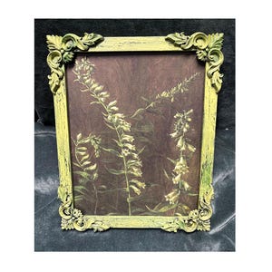 May include: A rectangular picture frame with a distressed light green finish and ornate, carved corner details. The frame encloses a dark brown print featuring tall, slender stalks of cream-colored foxglove flowers with green leaves.