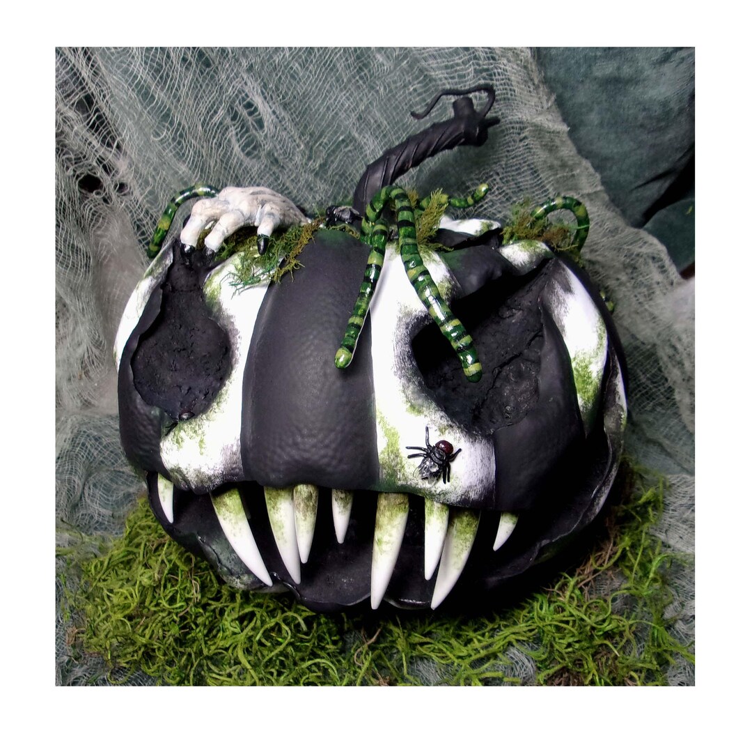 Beetlejuice Inspired Pumpkin Jack O'lantern Black White Stripe Moss Worms Fangs Teeth Foam Hand ...