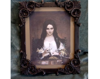 Gothic Victorian Distressed Dark Antiqued Blackened Wood Scroll Ornate 8x10 Picture Frame w/ Glass Wall Table Top Renaissance Dark Academia
