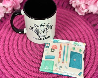 Love Letter Mug Rug, Handmade Fabric Drink Coaster, Tea Lover Gift, Pink & Blue Coffee Accessories, Valentine's Day Decor, Coffee Cup Mat