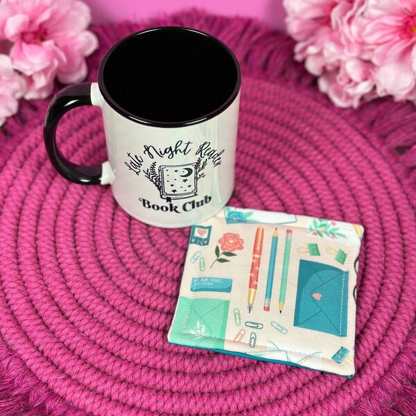 Love Letter Mug Rug, Handmade Fabric Drink Coaster, Tea Lover Gift, Pink & Blue Coffee Accessories, Valentine's Day Decor, Coffee Cup Mat