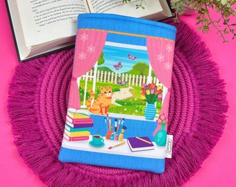 PREORDER: Spring Book Nook  Book Sleeve, Bookish Gift for Her, Cat Book Cover Protector, Blue & Pink Kindle Accessories, Booktok Merch