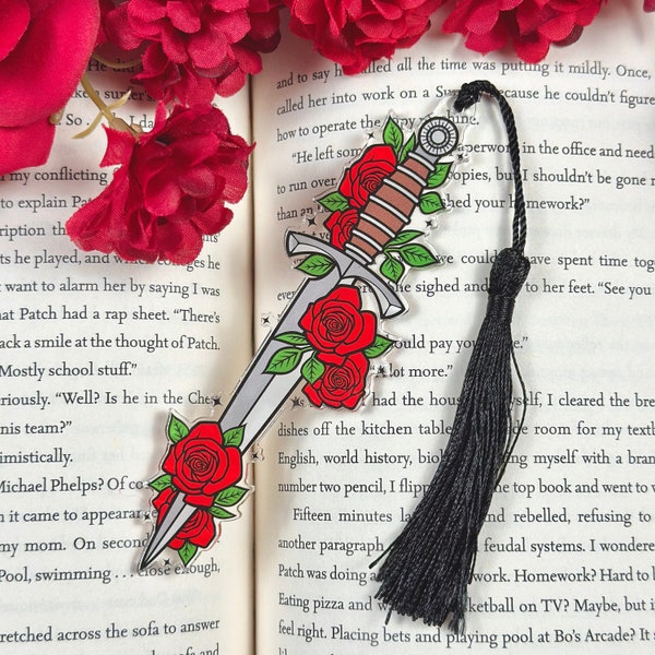 Rose Dagger Acrylic Bookmark with Black Tassel, Romantasy Reader Gift, Sword Bookmark for Fantasy Lovers, Cute Booktok Bookish Merch