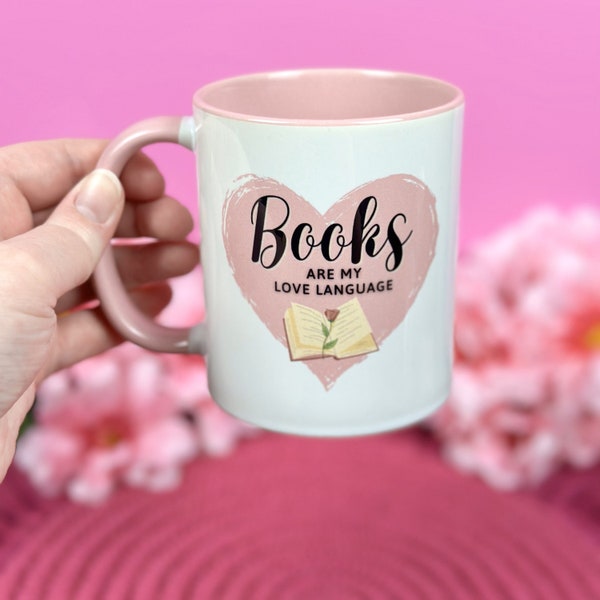 Books Are My Love Language Mug, 11 oz Ceramic Coffee Cup, Book Lover Gift, Pink & White Mug, Bookish Gift for Her, Romance Reader