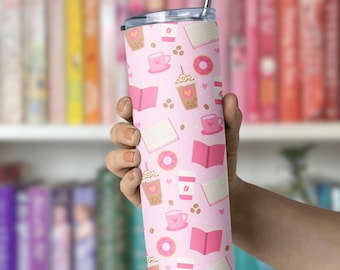 Gobelet rose 20 oz pour amoureux des livres avec paille, cadeau livresque pour lecteur, produit Booktok coloré, tasse à café avec beignets et livres, cadeau pour enseignant