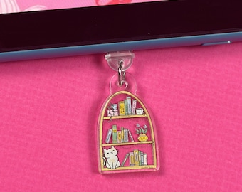 Book Shelf Kindle Charm, USB Phone Charm, Kindle Accessories, Dust Plug Charm for Tablet, Booktok Bookish Merch, Cat Lover Gift