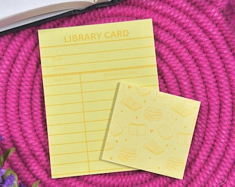 Yellow Library Card Notepad & Sticky Note Set, Book Lover Stationary, Bookish Desk Accessories, Reading Gift for Teacher, Book Club Gifts