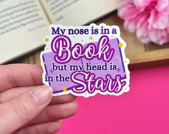 Nose in a Book Vinyl Sticker, Late Night Reader Kindle Sticker, Celestial Laptop Sticker, Purple eReader Accessories, Water Bottle Sticker