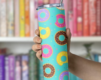 Gobelet fin Donut Lover 20 oz avec paille, cadeau arc-en-ciel pour amateur de café, tasse en acier inoxydable donut coloré bleu rose violet jaune