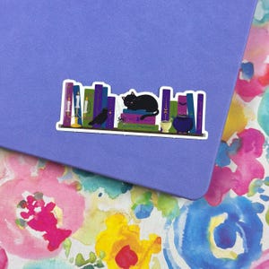 May include: A black cat sleeps on a shelf of books with a black bird, candles, and a cauldron. The books are purple, green, and blue with gold accents. The shelf is white.