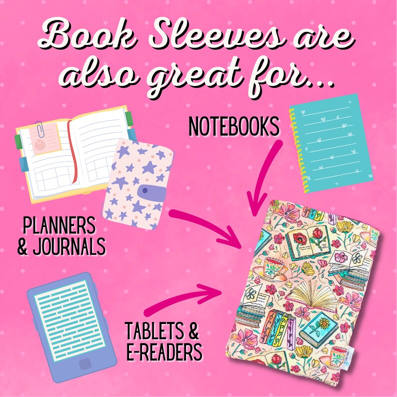 May include: Pink graphic with text "Book Sleeves are also great for..." and illustrations of planners, notebooks, tablets, and e-readers. The image shows a variety of book sleeves with different patterns and designs, including floral and star patterns.