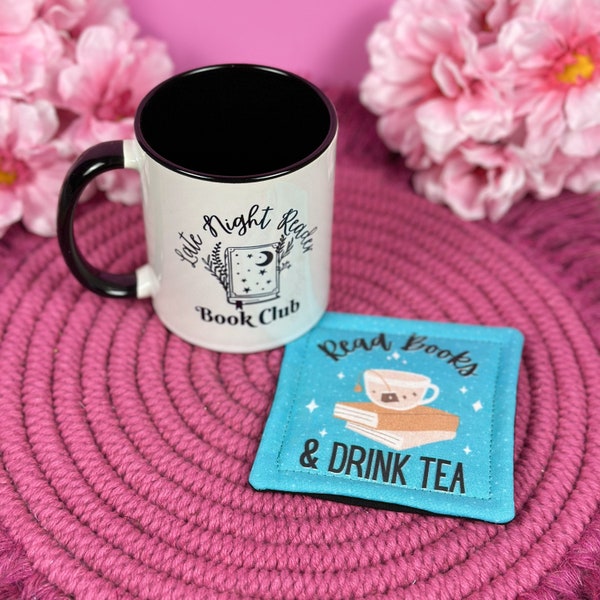 Read Books & Drink Tea Mug Rug, Handmade Fabric Coaster,  Bookish Merch, Coworker Gift, Book Lover Gift, Tea Accessories, Drink Coaster
