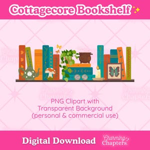 Pode incluir: Uma ilustração digital de uma estante com livros coloridos, um bule verde com flores brancas, um cogumelo, uma planta em vaso, um pequeno caldeirão castanho, uma vela acesa e uma moldura com uma borboleta, com o texto Cottagecore Bookshelf.