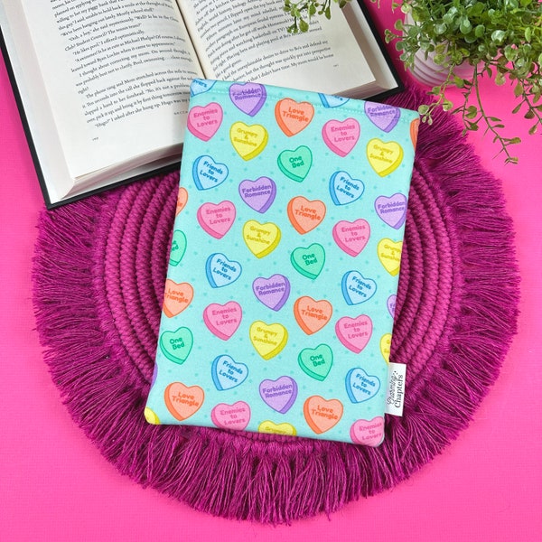 Trope Candy Hearts Book Sleeve, Romance Reading Accessories, Valentine's Day Gift, Bookish Gift for Her, Blue & Pink Kindle Case