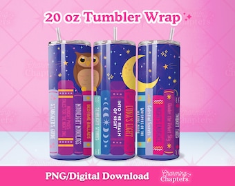 Étagère pour lecteur de fin de soirée 20 oz, papier peint gobelet fin, sublimation livresque, conception transparente, hibou de nuit lecture PNG (téléchargement numérique)