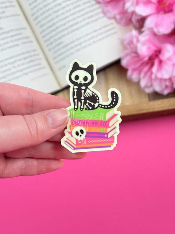 Skeleton Cat Vinyl Sticker, Glow in the Dark Halloween Sticker for Kindle, Colorful Gothic Reading Accessories, Spooky Bookish Merch