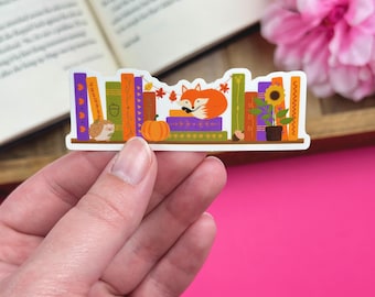 Autumn Bookshelf Vinyl Sticker, Bookish Sticker for Kindle, Orange Fox Laptop Decals, Fall Reading Accessories, Book Lover Gift for Her