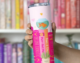 Étagère à livres pour amoureux des chats, gobelet mince de 20 oz avec paille, cadeau livresque pour le lecteur, produit Booktok coloré, tasse à café rose et orange