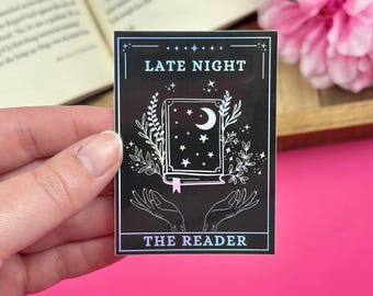 Late Night Reader Vinyl Sticker, Celestial Kindle Sticker, Holographic Tarot Card Decal, Bookish Merch for Reader, Book Lover Gift