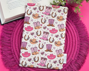 Étui pour Kindle de cow-girl, couverture de livre rembourrée pour liseuse cow-boy romantique, accessoires de lecture western roses, produit livresque, pochette en tissu pour liseuse