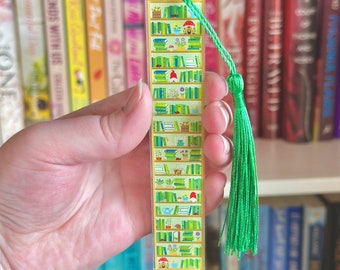 Garden Book Shelves Acrylic Bookmark with Green Tassel, Gnome Bookmark for Book Lovers, Floral Booktok Merch, Bookish Gift for Readers