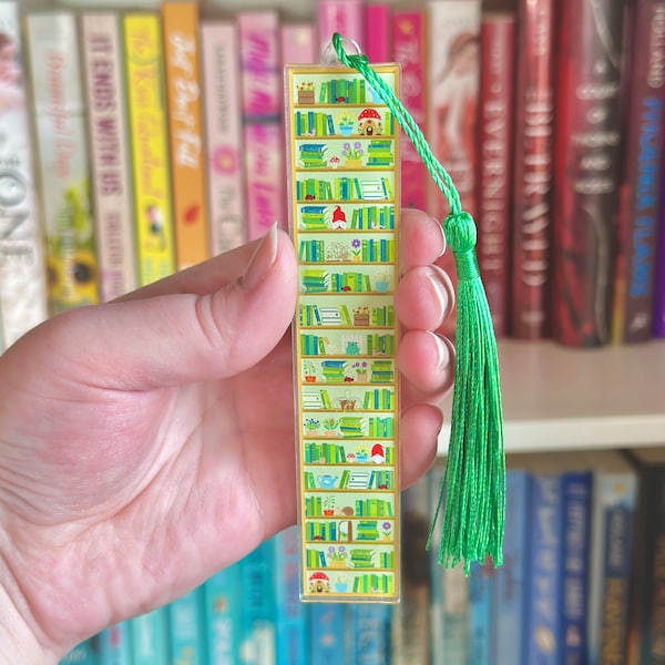 Garden Book Shelves Acrylic Bookmark with Green Tassel, Gnome Bookmark for Book Lovers, Floral Booktok Merch, Bookish Gift for Readers