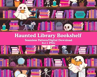 Motif répétitif de bibliothèque hantée, fichier d'étagère d'Halloween, conception transparente livresque, papier de scrapbooking imprimable fantôme (téléchargement numérique PNG)