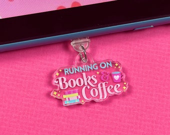 Running on Books & Coffee Kindle Charm, Pink USB Kindle Accessories, Blue Dust Plug Charm for Tablet, Booktok Bookish Merch, Book Lover Gift