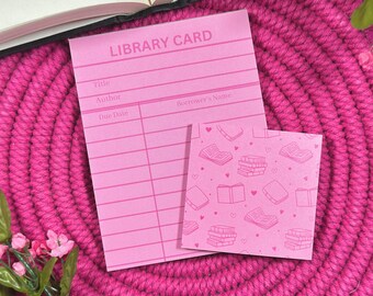 Pink Library Card Notepad & Sticky Note Set, Book Lover Stationary, Bookish Desk Accessories, Reading Gift for Teacher, Book Club Gifts