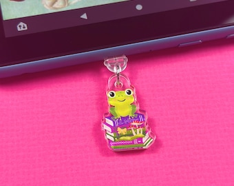 Frog Book Stack Kindle Charm, USB Phone Charm, Cottagecore Kindle Accessories, Dust Plug Charm for Tablet, Enchanted Garden Bookish Merch