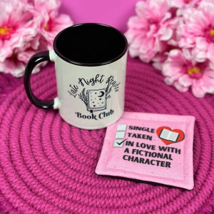 In Love with a Fictional Character Mug Rug, Book Lover Gift, Handmade Fabric Drink Coaster, Bookish Merch, Pink Coffee Accessories