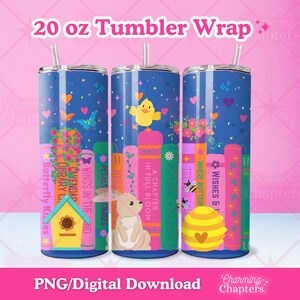 May include: Three 20 oz tumbler wraps with a whimsical design. Each tumbler features a dark blue background with colorful illustrations of books, butterflies, and a birdhouse. The text "20 oz Tumbler Wrap" is at the top.