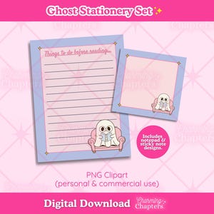 Pode incluir: Um conjunto de papelaria com um bloco de notas pautado e um post-it quadrado, ambos com borda roxa clara e centro rosa. Cada item exibe um fantasma de desenho animado sentado em uma poltrona rosa lendo um livro. O texto no bloco diz Things to do before reading.